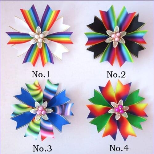 20 Girl 4.5" Rainbow Fairy Hair Bow Clip Valentine Easter Alloy Pearl Flower