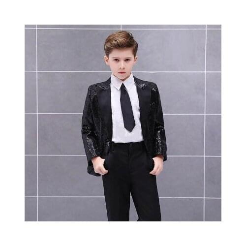 2020 Fashion Black Prom Party Suits for Boy Shiny Stage Performance Boys Tuxedo Kid Formal Wedding Blazer with Pants set 2 piece