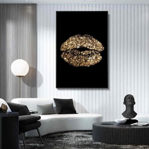 Abstract Golden Sexy Lips Canvas Art Posters And Prints Black Woman Canvas Paintings on the Wall Art Pictures Home Wall Decor