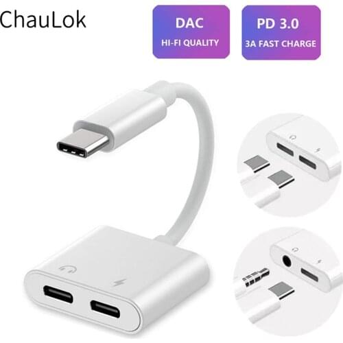 Dual USB Type C Splitter DAC 2 in 1 Audio Fast Charge Type C to 3.5mm Headphone Adapter for Google Pixel Huawei Xiaomi Oneplus