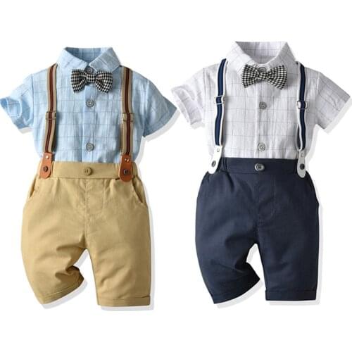 Baby Boys Clothes Sets Summer Toddler Gentleman Cotton Plaid Shirt+ Bowtie + Suspender Pant 4pcs Infant Outfits 1 2 3 4 Ye ars