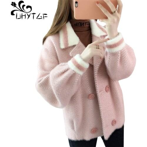 UHYTGF Imitation Mink Fleece Autumn Sweater Coat Women Striped Double Breasted Student Short Tops Plus Size Cardigan Jacket 1325