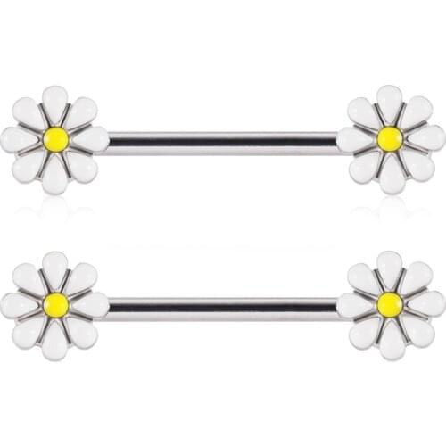 CHUANCI 1 Pair Surgical Steel Sun Flower Shape Nipple Barbell Ring Nipple Ring Body Piercing Jewelry 14G