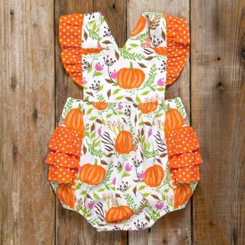 Halloween Newborn Baby Girl Cute Pumpkin Print Clothes Sleeveless Polka Dot Romper Jumpsuit Ruffle Bodysuit Summer Outfit