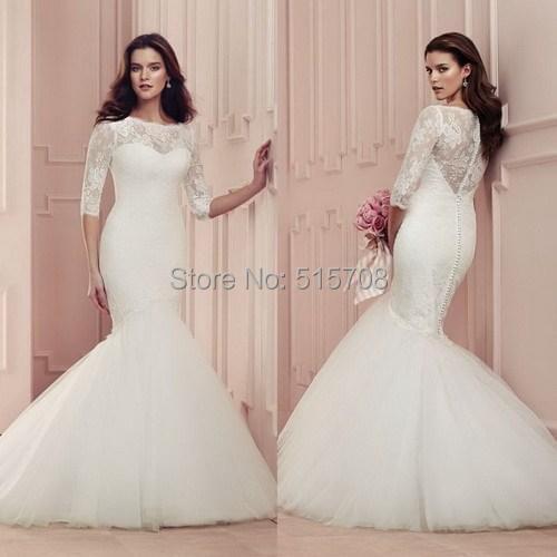 Mermaid Wedding Dresses Sheer Neck Lace Appliques Backless Half Sleeves Lace Bridal Gowns 2015 Spring Custom Cheap