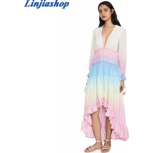 Summer boho maxi dress rainbow colorful gradient long sleeve beach dress button loose female vestidos