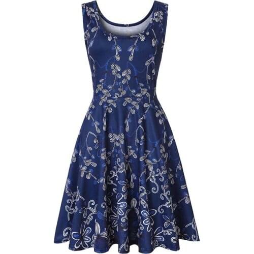 Summer Women Sleeveless O-neck Leaves Printed Pullover Camisole Beach Casual Long A-line Sundress