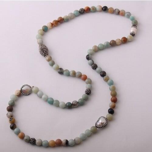 Fashion 10mm Amazonite Natural Stone Handmake Black Crystal Paved Pearl Charm Necklace