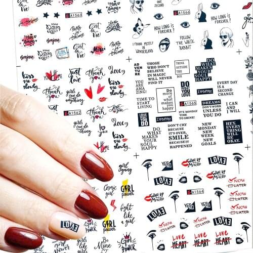 12 Designs Black Flower Leaf Nail Sticker Sexy Woman Russian Letter Transfer Water Slider Nail Wraps Manicure Decoration A1561