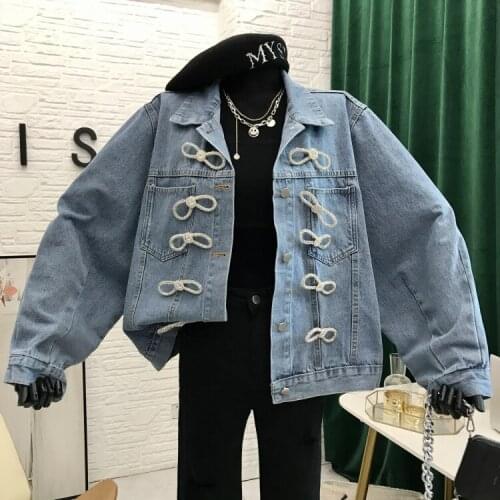 2020 new womenHeavy Industry Diamond Bowknot Jacket Loose Denim Jacket lapel bowoutwear