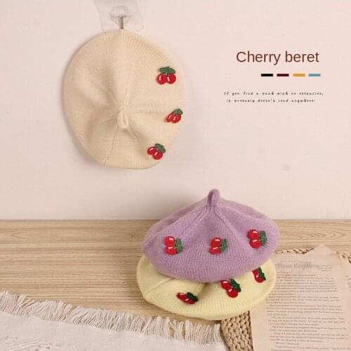 2021 Japanese Style New Autumn Winter Baby Girls Cherry Beret Caps Children Clothes Accessiories Match Kids Knitted Wool Hats