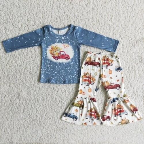 Wholesale Baby Girl Thanksgiving Fall Set Blue Tie Dye Long Sleeve Pumpkin Shirt Bell-bottomed Pants Children Clothes Kid Outfit