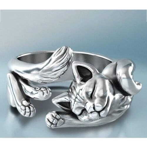 Wish new kitty opening ring European and American 925 vintage Thai silver black live cat totem ring