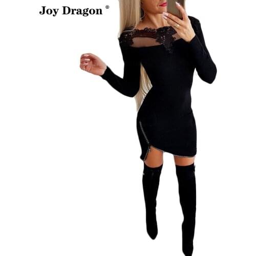 Dress for Women 2021 Casual Dresses Autumn New Zipper Mesh Package Bodycon Mini Lace Sexy Hips Skirts Long Sleeve Solid Color