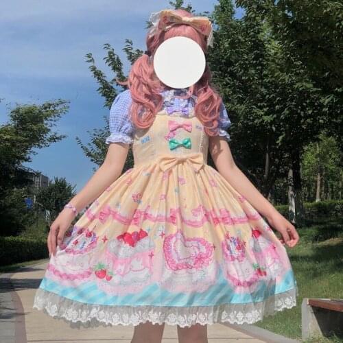 Japanese Lolita JSK Pink Dress Strawberry Cake Bowknot Lace Edge Big Swing Dress Girly Women Summer Sleeveless Baby Doll Dress
