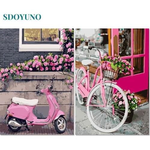 SDOYUNO 60x75cm Painting By Numbers Kits On Canvas Pink Bicycle DIY Paint By Numbers For Adult Frameless Digital Painting Gift