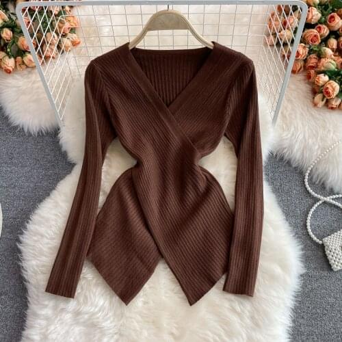 SINGREINY Women Design Knitted Blouse Long Sleeve V Neck Elastic Slim Tops Autumn Winter Korean Fashion Streetwear Irregular Top