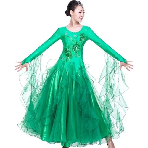 Ballroom dance modern dress ring cuff sleeve long dress flare hem