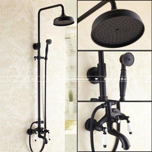 Bathroom Black Oil Paint Solid Brass Bathtub Shower Set Wall Mounted 8" Rainfall Shower Mixer Tap Faucet 3-functions Mixer Valve