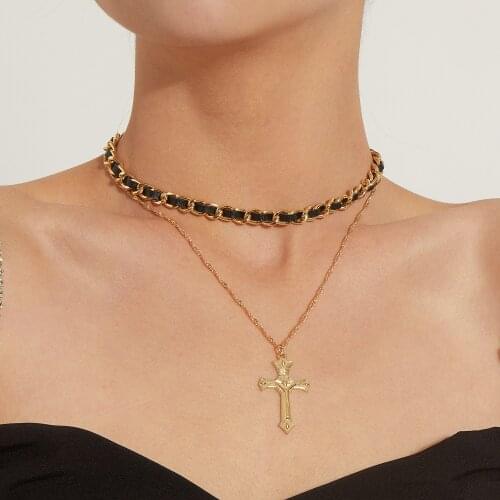 Vintage Gold Silver Color Cross Necklace Pendant Women Personality Simple Blacke Belt Clavicle Choker Necklace Collar Jewelry