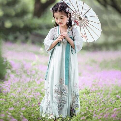 Vintage Girls Photography Dress Ancient Chinese Costume Hanfu Dress Elegant Embroidery Floral Gradient Vestidos Folk Dance Wear