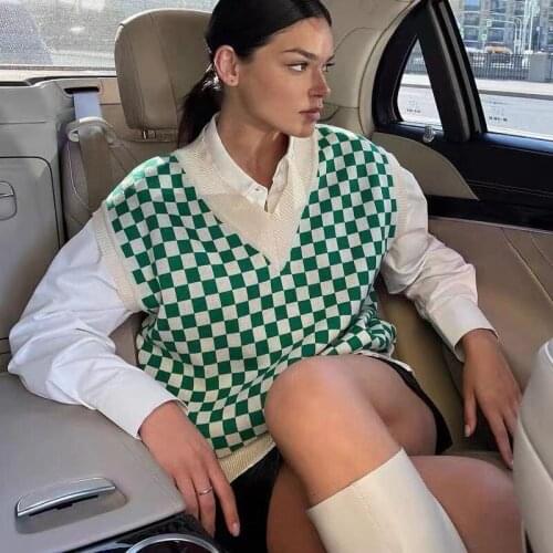 Vintage Sweater Plaid Pattern Sleeveless Knit Sweater Vest Loose Fashion Pullover Vest Autumn Winter 2021 Missnight