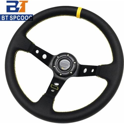 High Quality PVC Racing Wheels 14inch 350mm Deep Steering Wheel Car Drift Sport Steering Wheel Yellow Line OM