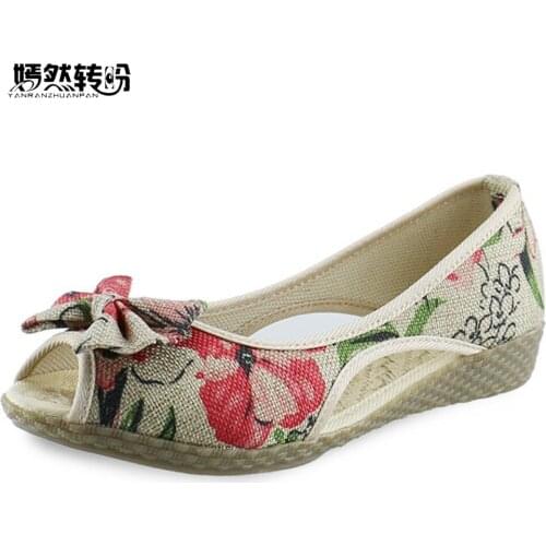 Vintage Women Flats Summer New Soft Canvas Embroidery Shoes Casual Slip On Bow Dance Flat Sandals For Woman Zapatos Mujer