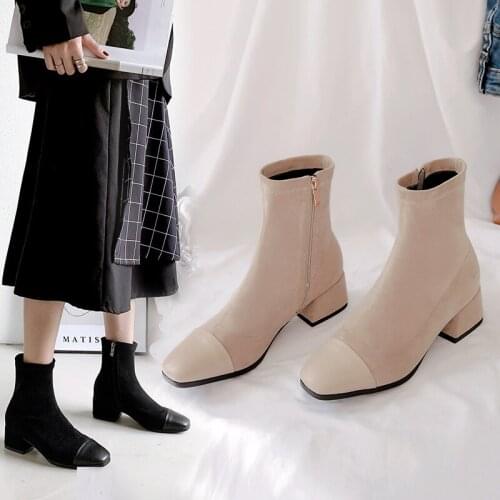 Women Fahsion Square Toe Ankle Boots Thick High Heels Side Zipper Autumn Winter Shoes Woman 33-43 winter ankle boots women Shoes