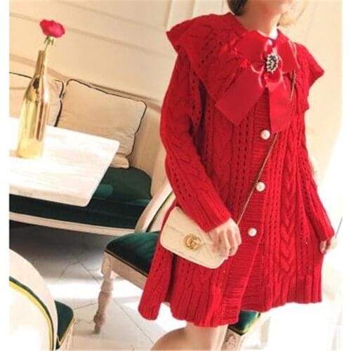 French Retro Women Sweater Cute Sweet Bow Tie Peter Pan Collar Knitted Cardigans Hollow Long Sleeve Crochet Lolita Tops Jumper