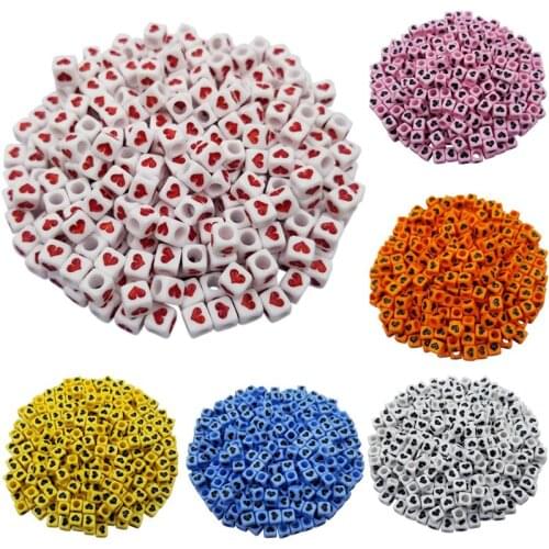 100PCS 6mm Square Beads Heart Printed Loose Spacer DIY Jewelry Accessories Craft Multicolor Fashion Fingdings Hot Sale Wholesale