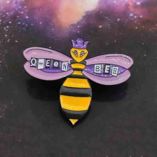 Shiny Bee Brooch Sparkling Purple Crown Queen Bee Cartoon Enamel Pin Backpack Hat Badge Accessories Girl Jewelry Friends Gifts