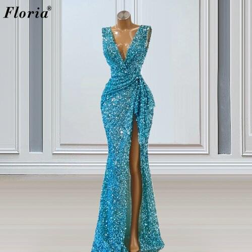 Middle East Blue Sparkly Prom Dresses Long Mermaid Sexy Cocktail Party Dresses Mermaid Evening Gowns With Side Split Vestidos