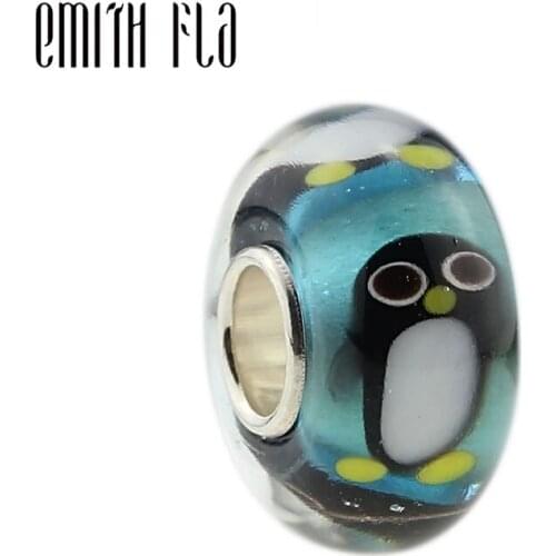 Emith Fla 100% 925 Sterling Silver Large Hole Penguin Murano Glass European Charm Beads Fit Brand Bracelet Jewelry
