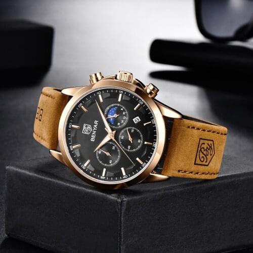 Reloj Hombre BNEYAR Fashion Sport Chronograph Clock Top Brand Men Quartz Wristwatches Leather Waterproof Military Watch for Men