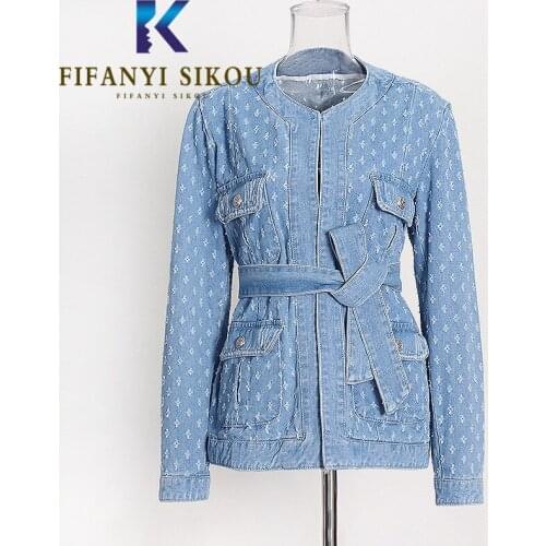 Ripped Denim Jacket Women Fashion Hollow Out Design Pocket O-Neck Jeans Jacket Streetwear Loose Washed Jeans Coat Female