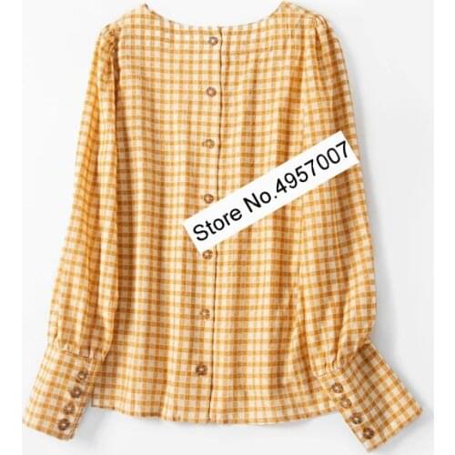 Elfbop Ladies 100% Cotton Gingham Checkered Plaid Long Sleeve Top With Buttoned Closured Back