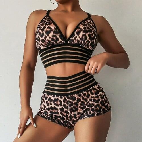 Female Breathable Leopard Fitness Set Crop Top High Waist Sexy Shorts Yoga Suit Women Workout Clothes Sports Suits Gym Wear Sets