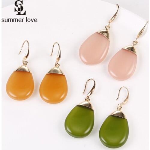 Korean Fashion Water Drop Dangle Earrings for Women 2019 New Gold Color Pink Resin Stone Teardrop Earring Wedding Jewelry Gift
