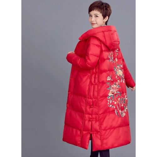 Womnes Winter Long Jacket Floral Print With Embroidery Woman Parkas Hooded Single Breasted Plus Size Loose Thick Female Coats