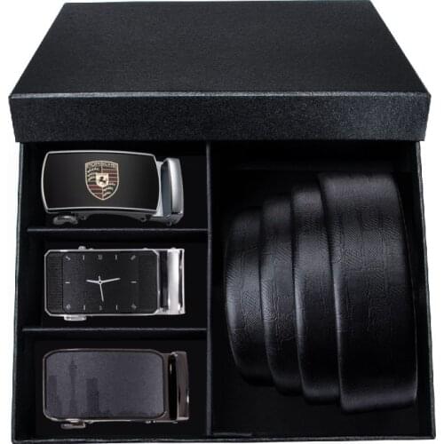 Barry.wang High Quality Men Belt Strap Automatic Ratchet Slide Buckle Belt Set Solid Black Belt Real Cowhide 100% Leather 3.5