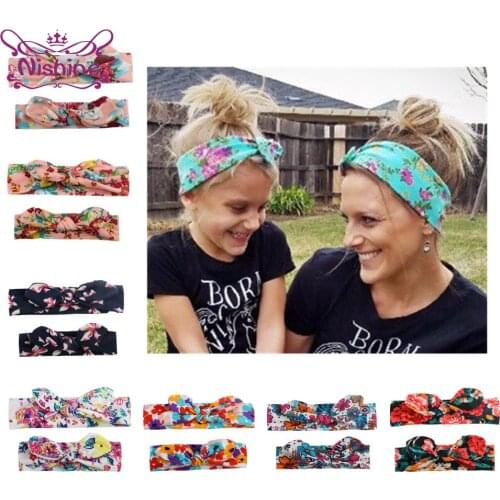 Nishine Vintage Flowers Pattern Bunny Ears Parent-child Headband Fashion Handmade Knotted Elastic Hairband Print Infant Headwear