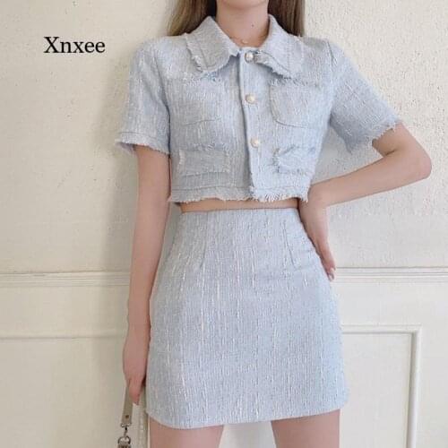 2021 New Fashion and Elegant Womens Skirt Suit Tweed Two-Piece Suit Womens Short Blouse Mini Skirt Suit Two-Piece Suit