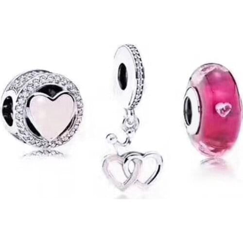 NEW 100% 925 Sterling Silver Love Heart Shape Charm Pendant Clear Glass Bead Set Elegant Exquisite Glamorous Jewelry Gift