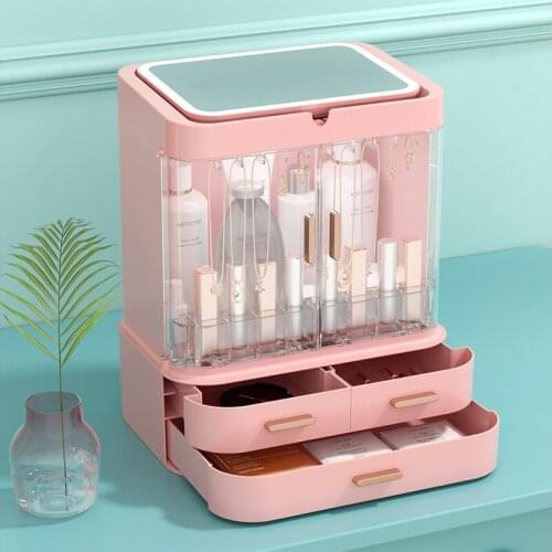 Net red cosmetics storage box drawer desktop jewelry skin care products storage rack dust proof led cosmetic mirror