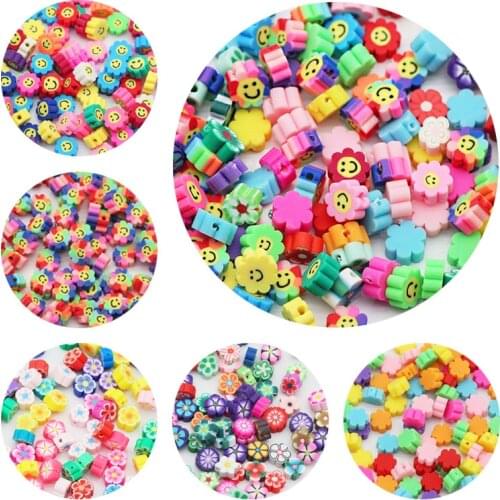 Mix Color Flower Smile Polymer Clay Charm Spacer Loose Beads For Jewelry Making Handmade DIY Bohemian Bracelet Accessories 50pcs