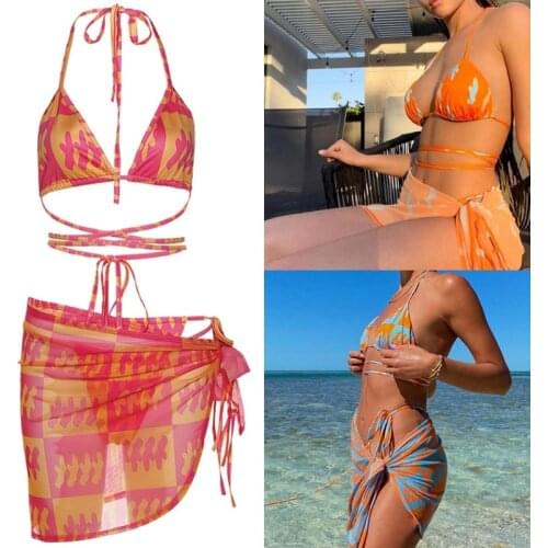 U90E Women Sexy 3pcs Contrast Plaid Bikini Set Halter Swimsuit with Sarong Cover Up