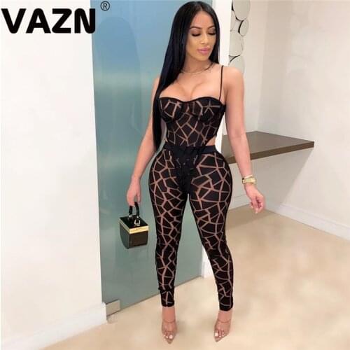 VAZN 2020 Sexy Night Club Open See Through Fashion Open Solid 1 Piece Bodysuits 1 Piece Long Pants Elastic Women 2 Piece Set