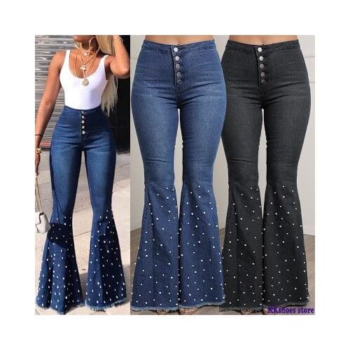 Women High Waist Denim Jeans Stretch Beading Boot Cut Button Jean Femme Plus Size Pants
