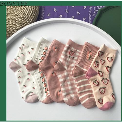 Socks Women Cotton Spring Funny Sock New Fashion Female Teens Comfortable Kawaii Breathable Print Middle Tube Cute Ulzzang Sweet